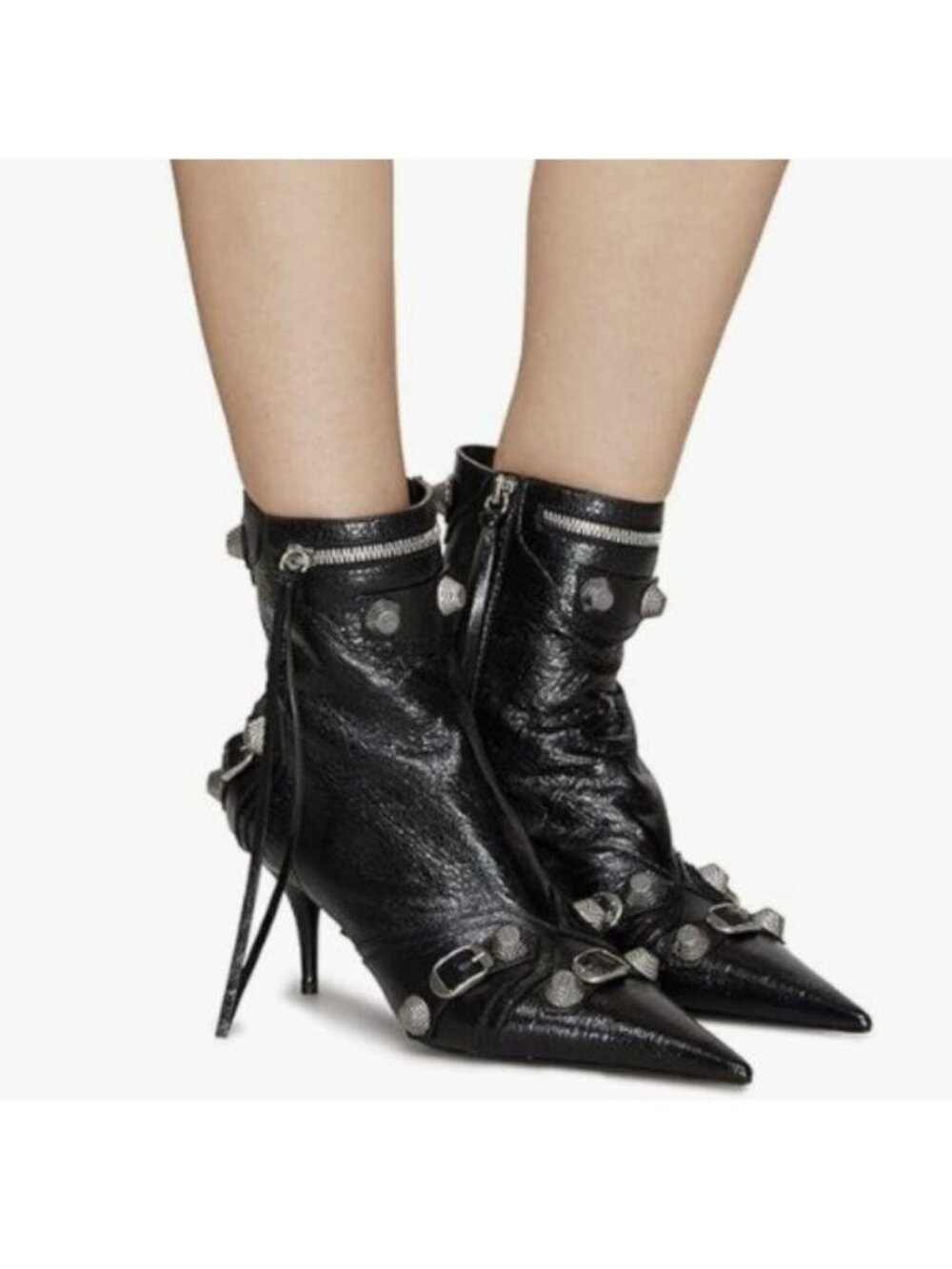 Ankle Boots for Women Stiletto Heel Studded Boots Pointed Toe Rivets Tassel Boot